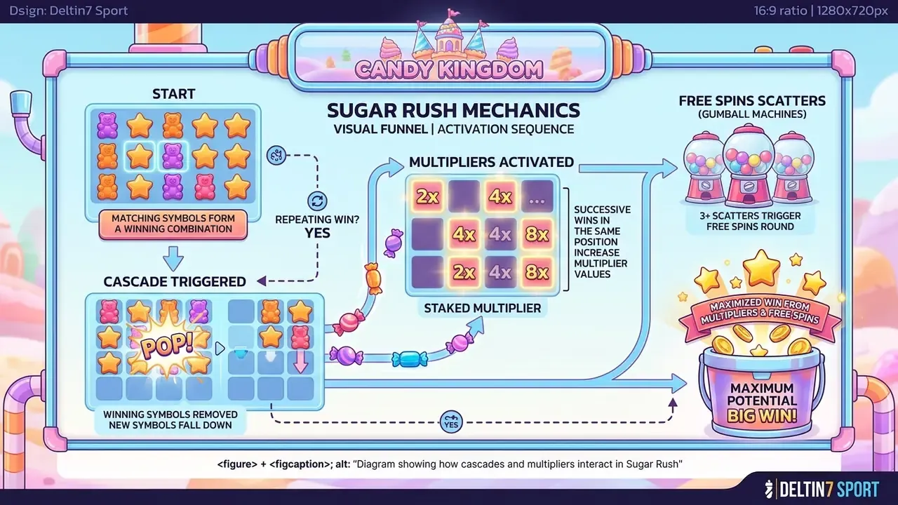 Diagram showing how cascades and multipliers interact in Sugar Rush